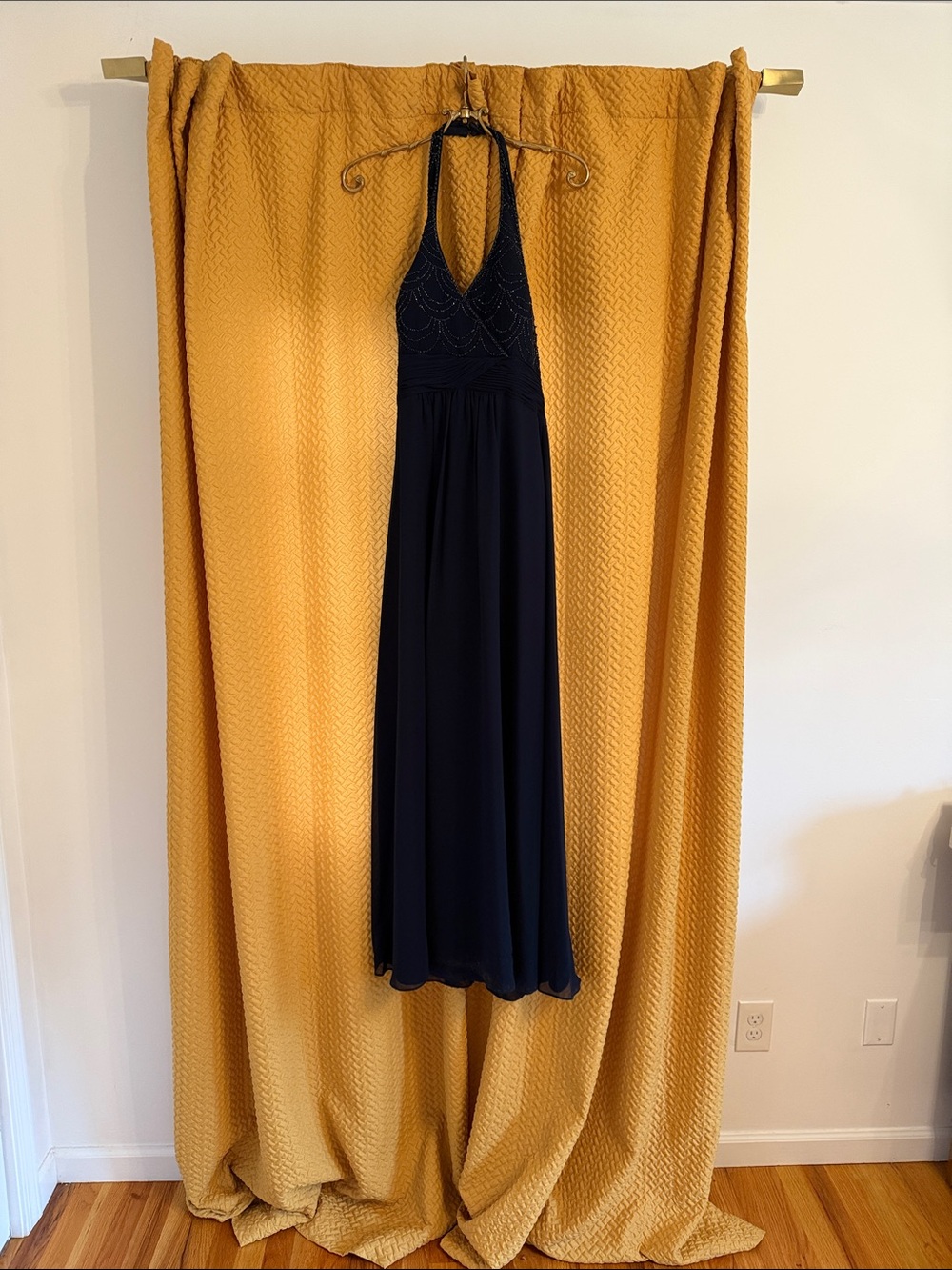 Adrianna Papell Navy Halter Gown with Beaded Bodice